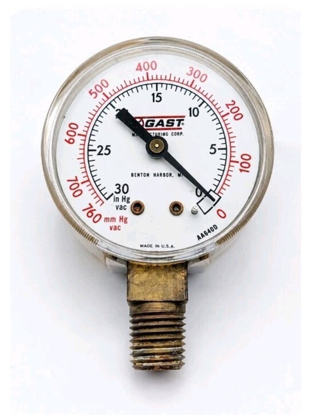 GAST AA640D Vacuum Gauge 0-30 inHg 0-760 mmHg Made in USA Vintage Untested